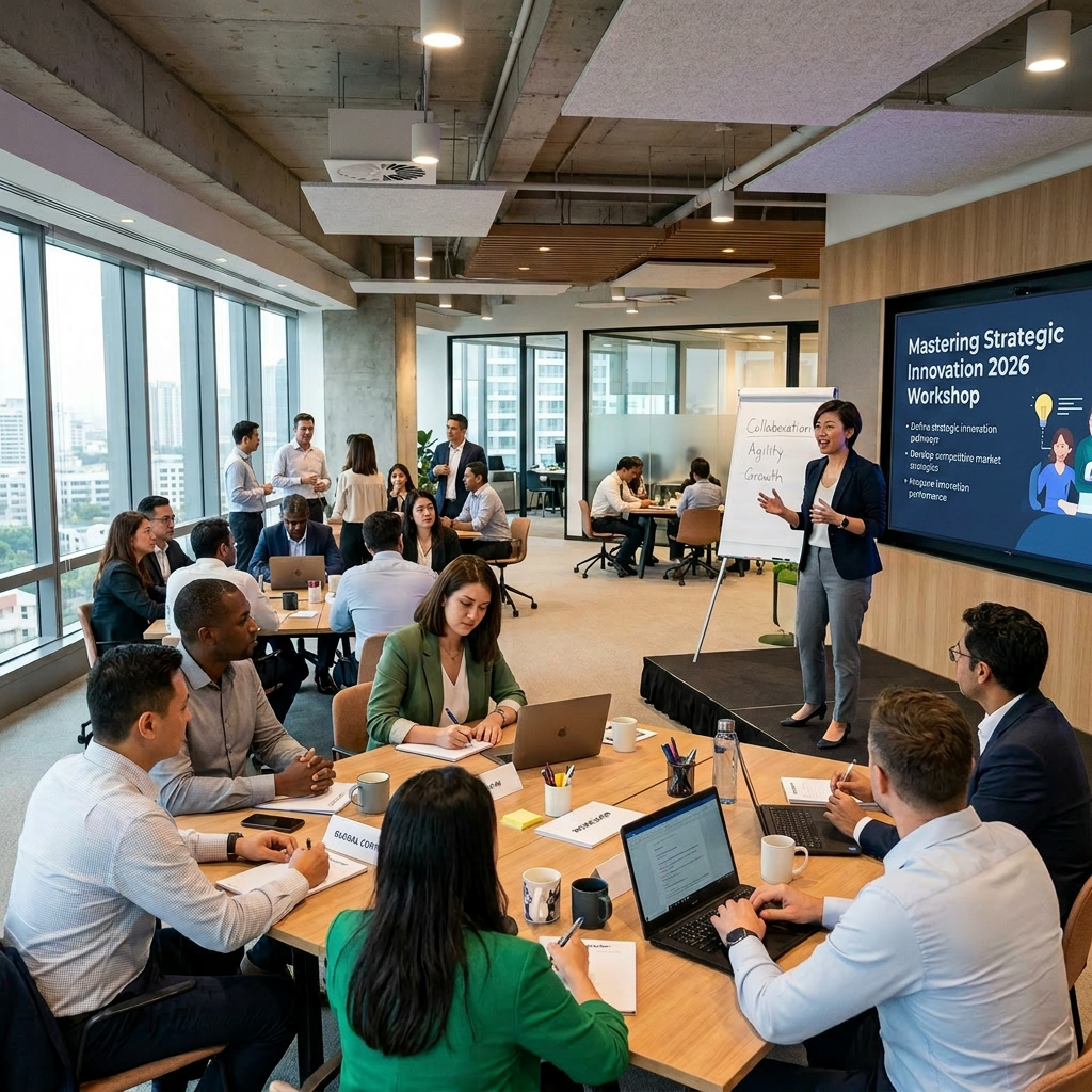 Business professionals attending a strategic innovation workshop with a speaker presenting and people taking notes