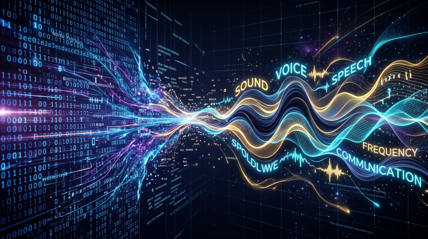 Digital sound waves with words voice, speech, communication, frequency, and sound over binary code background