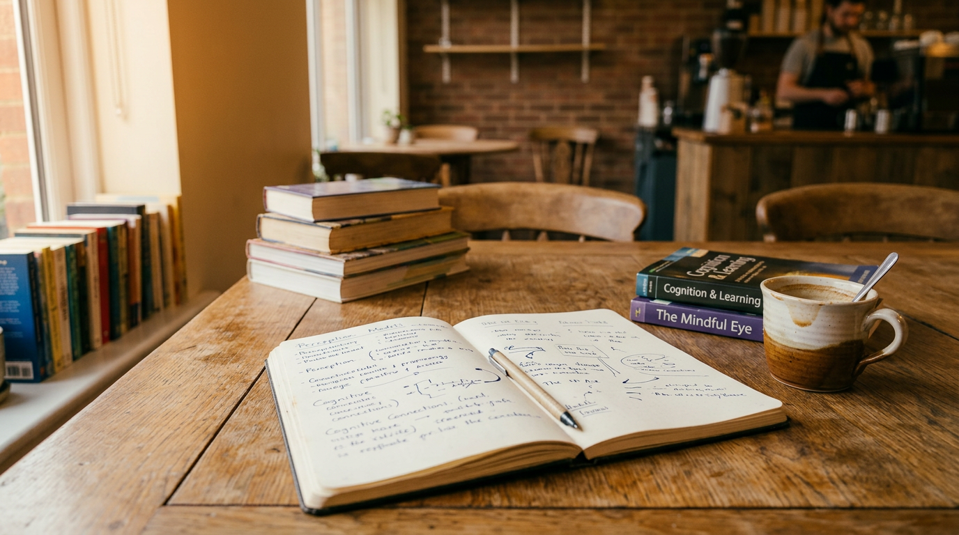 Open notebook with handwritten notes, books, and coffee cup on wooden table in a cafe