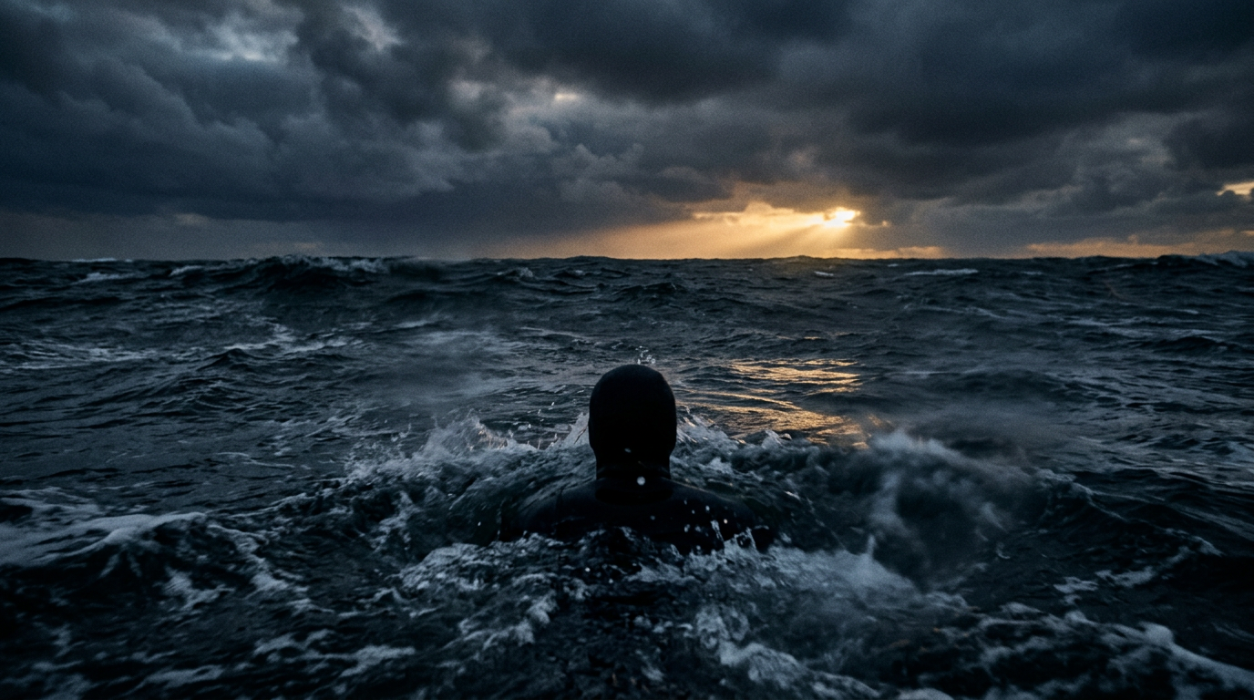 A lone swimmer surrounded by rough ocean waves beneath storm clouds